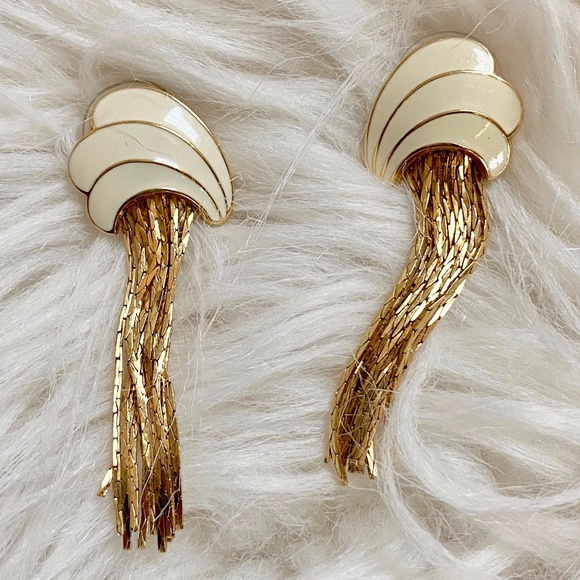 Vintage Jewelry - Vintage Art Deco Ivory Enamel Gold Tassel Earrings
